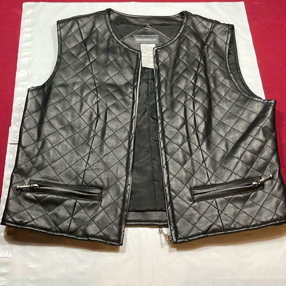 Black faux LEATHER moto VEST Womens Large L silver Zip Motorcycle Biker pocket